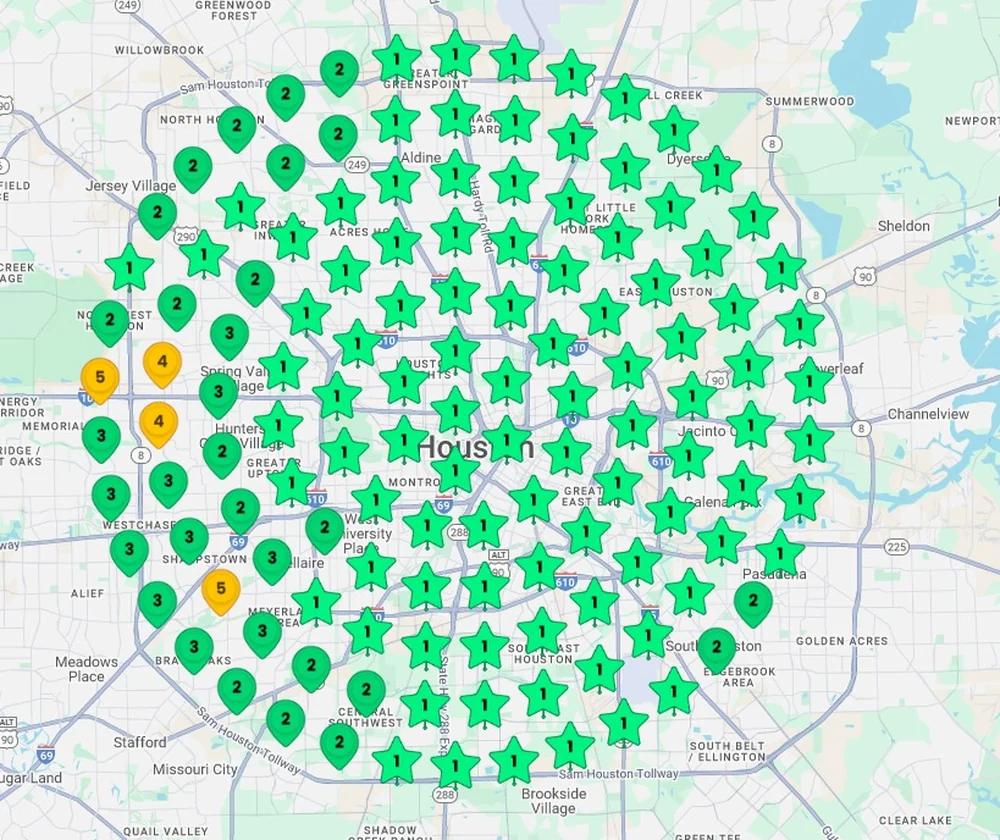 After: a Google Maps grid scan that is almost entirely green, showing number-one rankings across the whole service area
