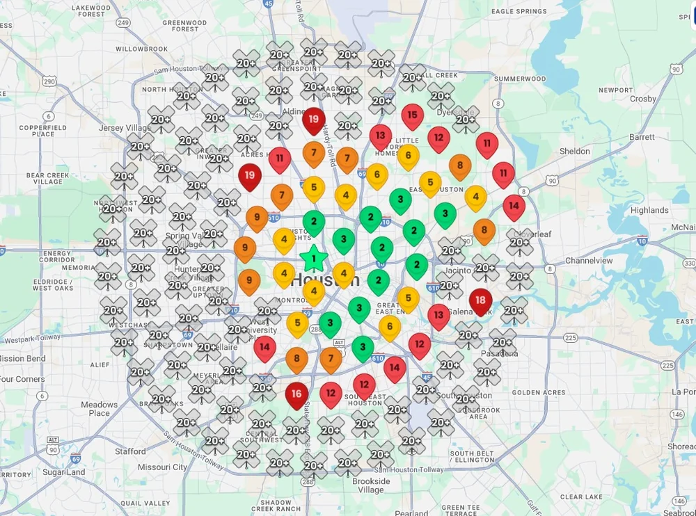 Before: a Google Maps grid scan with many red and orange pins showing poor rankings across the service area