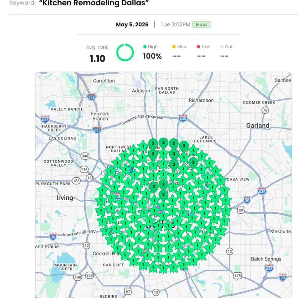 Client Google-Maps grid scan for Kitchen Remodeling Dallas, an almost entirely green grid with an average rank of 1.10.
